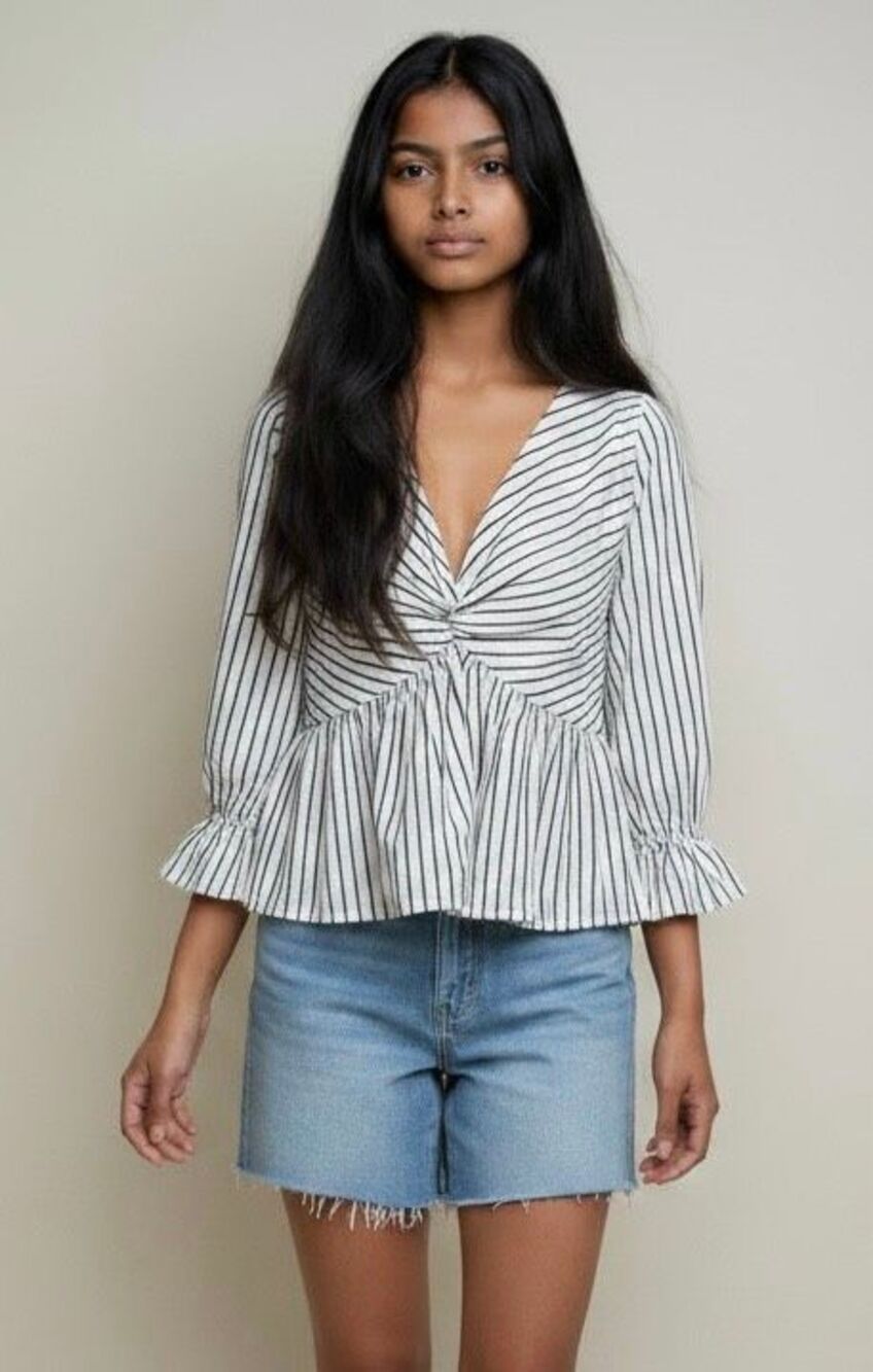Express White Navy Striped Balloon Sleeve Peplum Top Size Large